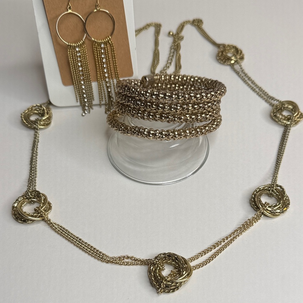 Gold Tone Multi-Strand Long Necklace, Bracelet & Fringe Hoop Earring Bundle Set